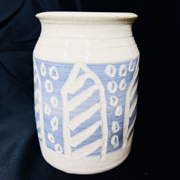 Kim Black Milledgeville Georgia GA Pottery Blue Beige Cutout 8in Vase Folk Art